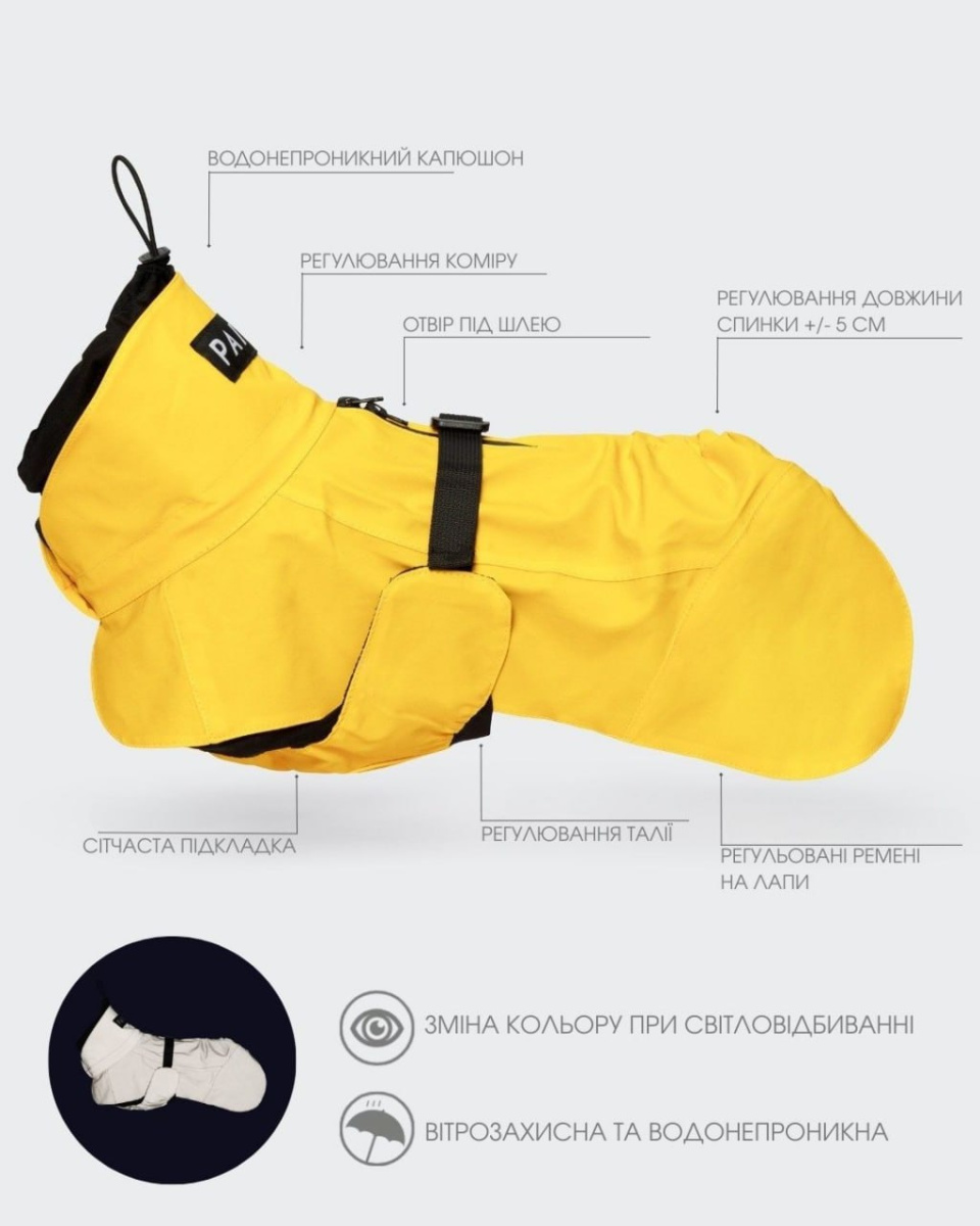 Водонепроникний дощовик для собак змінюючий колір при світловідбиванні PAIKKA Visibility Raincoat Lite Yellow