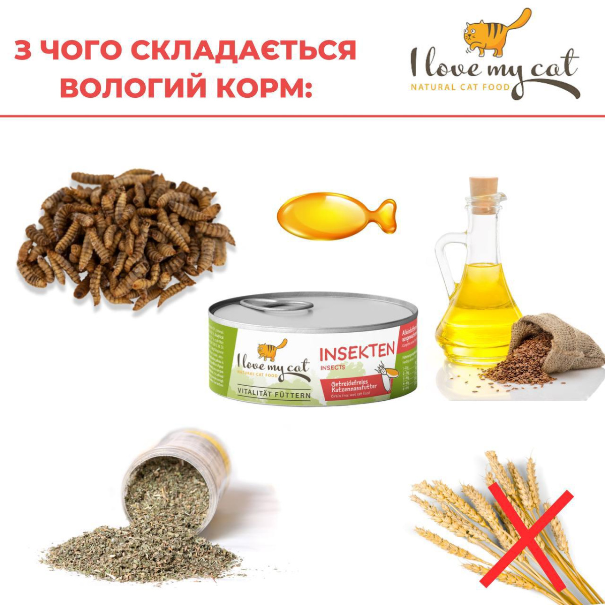 Гіпоалергенна беззернова консерва для котів холістик з білком комах та урінарі захистом I love my cat Insects Гіпоалергенна беззернова консерва для котів холістик з білком комах та урінарі захистом I love my cat Insects