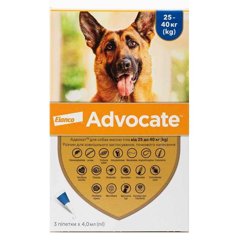 Антипаразитарні краплі для собак вагою 25-40 кг від бліх, гельмінтів та шкірних кліщів Адвокат Elanco Advocate Dogs