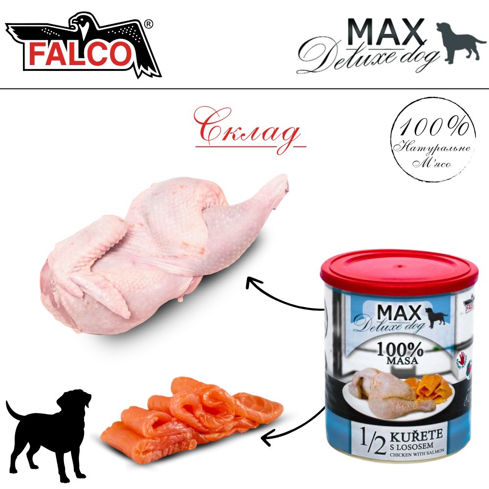 Консервоване м'ясо для собак Куряча Чверть з Лососем FALCO MAX Deluxe Dog 100% Meat 1/2 Chicken & Salmon