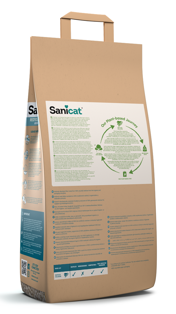 Целюлозний розчинний поглинаючий наповнювач без пилу для котів Sanicat Recycled Cellulose Absorbent