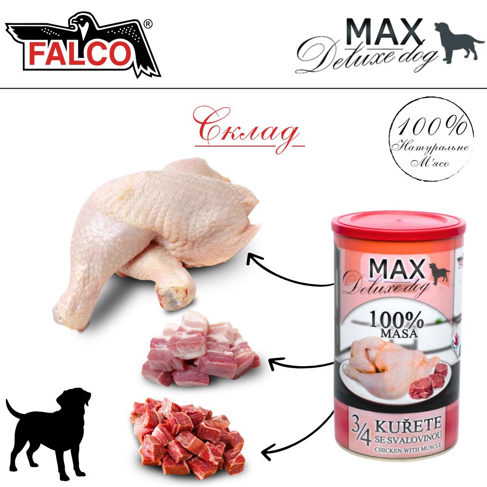 Консервоване м'ясо для собак Куряча Чверть з Яловичиною та Свининою FALCO MAX Deluxe Dog 100% Meat 3/4 Chicken & Muscle