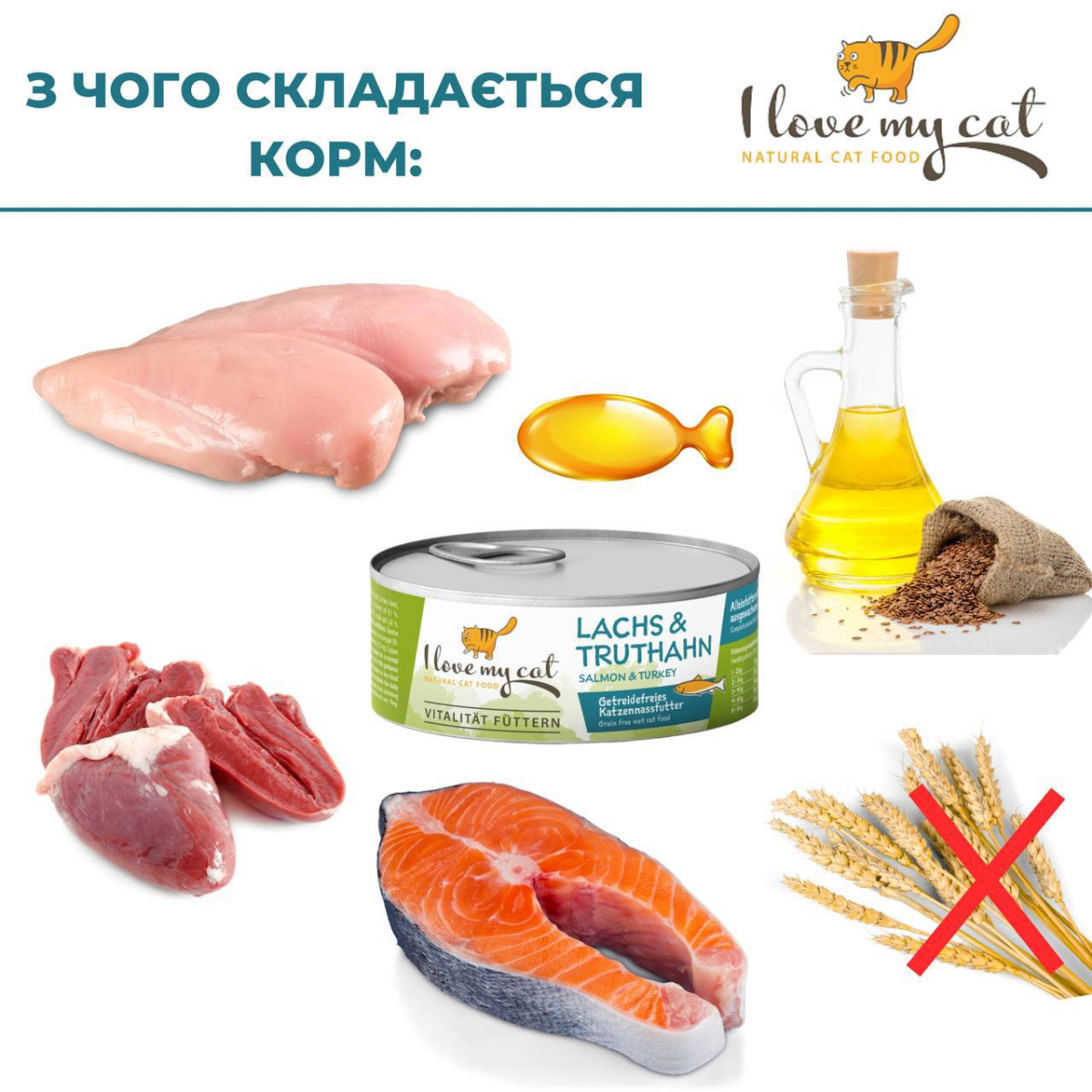 Беззернова консерва для котів холістик з індичкою, лососем та таурином для котів I Love my cat Salmon & Turkey