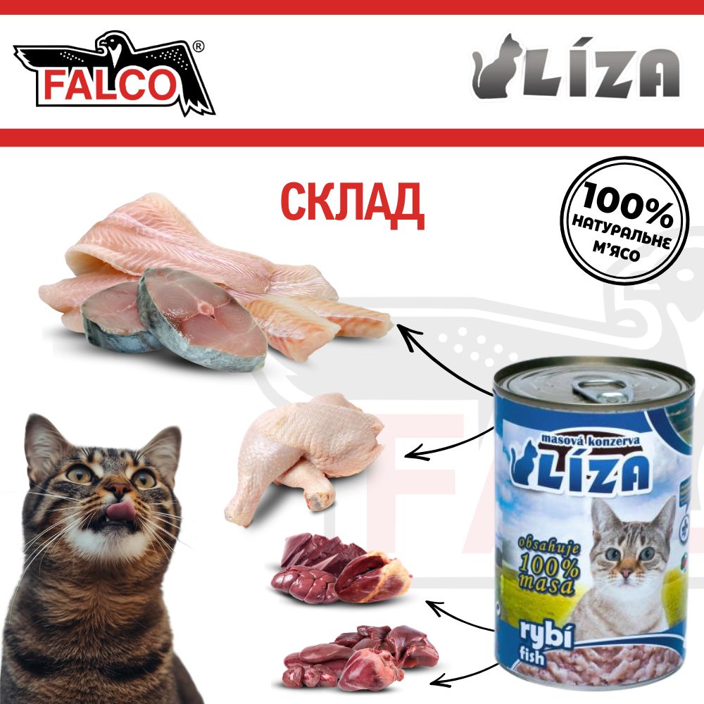 Консервоване м'ясо для кішок крупних порід Асорті з Риби FALCO LIZA Big Cat 100% Meat Fish
