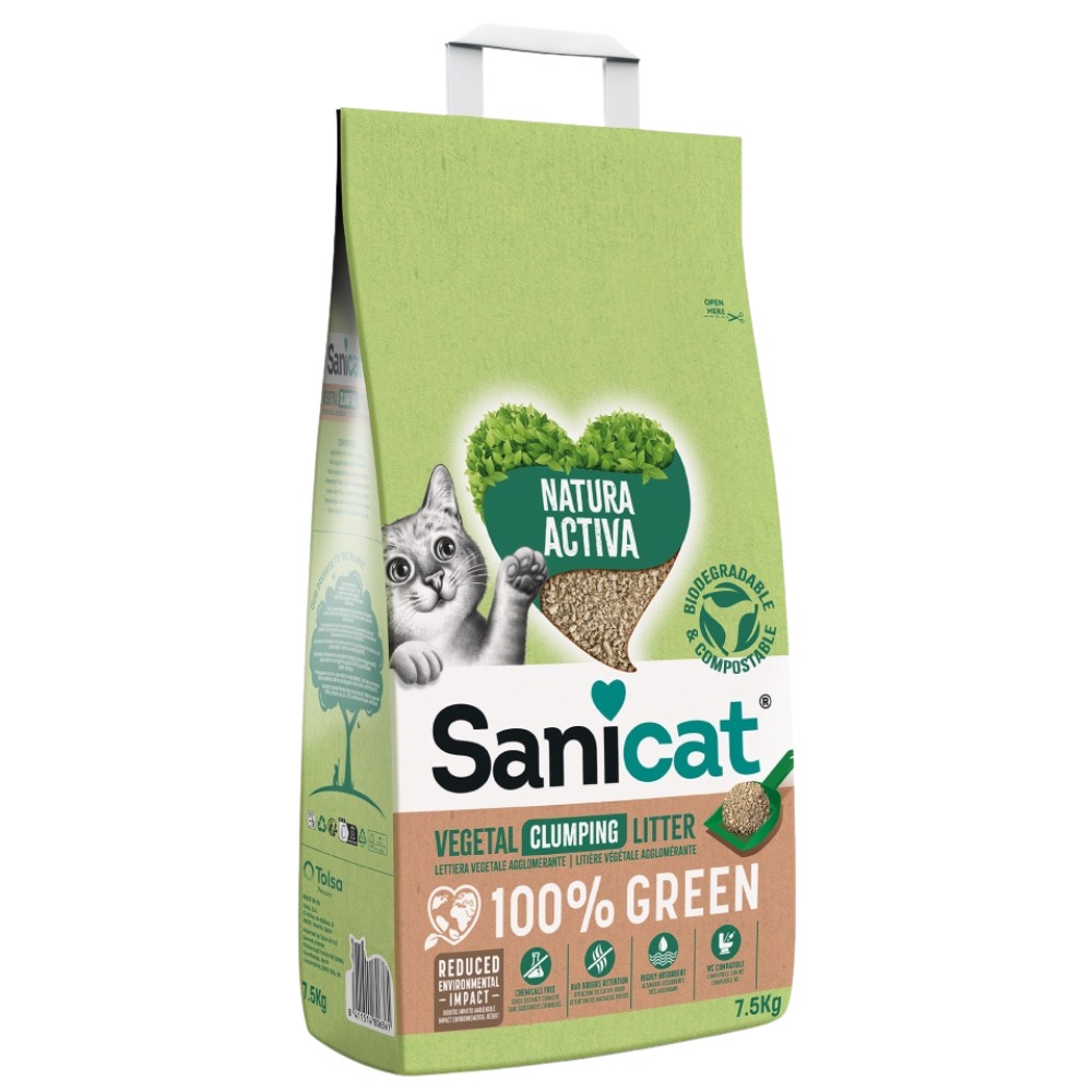 Рослинний комкуючий біорозкладний наповнювач без пилу для котів Sanicat Natura Activa 100% Green