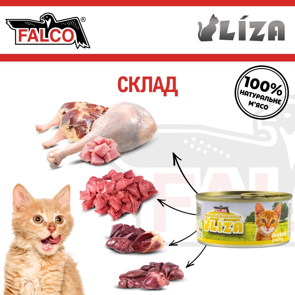 Консервированное мясо для котов Ассорти из Птицы FALCO LIZA Cat 100% Meat Poultry