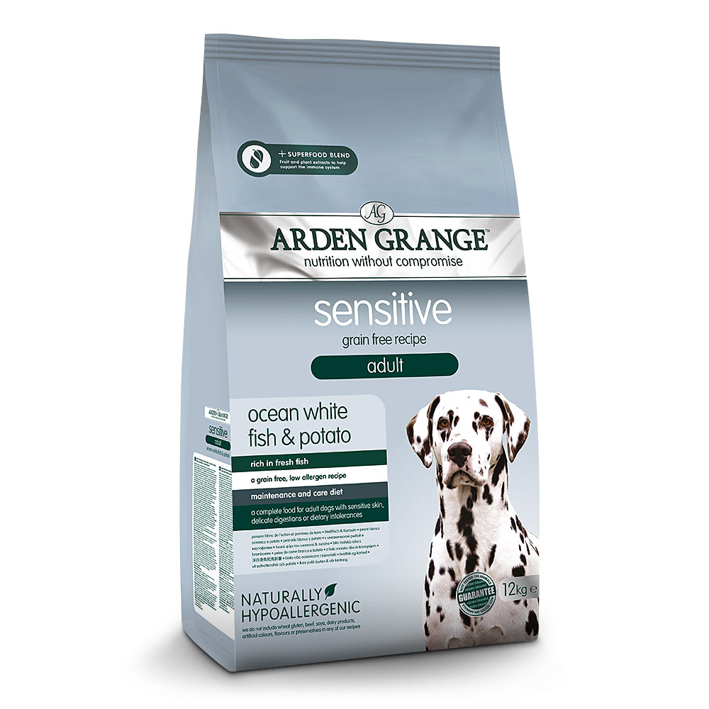 Беззерновой сухой корм для взрослых собак с белой рыбой и картофелем Arden Grange Sensitive Adult Fresh White Fish & Potato