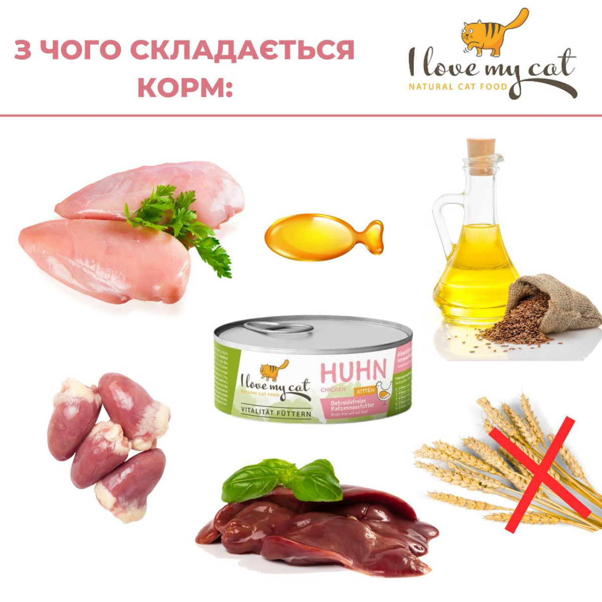 Беззернова консерва для кошенят холістик з куркою, таурином та пребіотиком I Love my cat Kitten Chicken Беззернова консерва для кошенят холістик з куркою, таурином та пребіотиком I Love my cat Kitten Chicken