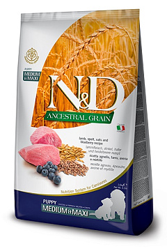 Сухий корм для цуценят з Ягням, Чорницею та Злаками Farmina N&D AG Medium & Maxi Puppy Lamb & Blueberry