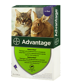 Антипаразитарні краплі для котів та кроликів вагою 4-8 кг від бліх, вошей та волосоїдів Адвантейдж Bayer Advantage Cats & Rabbits