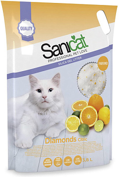 Силикагелевый впитывающий наполнитель для котов с ароматом цитрусов Sanicat Diamonds Citric