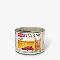 Беззернова консерва без сої для кішок Шматочки Яловичини, Курки та Седця Індички Animonda Carny Adult Beef, Chicken & Duck Hearts