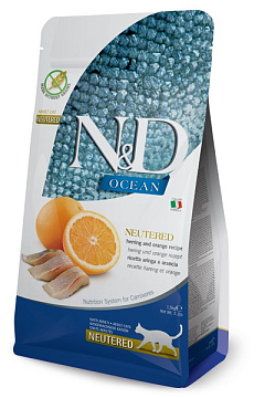 Беззерновой сухой корм для стерилизованных кошек с Селедкой Farmina N&D Ocean Neutered Herring & Orange