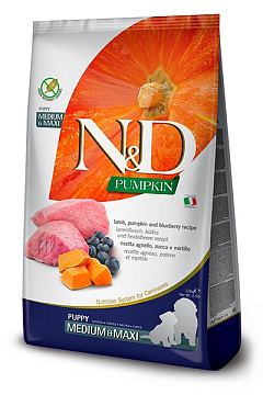 Беззерновий сухий корм для цуценят з Ягням та Чорницею Farmina N&D Pumpkin Medium & Maxi Puppy Lamb & Blueberry