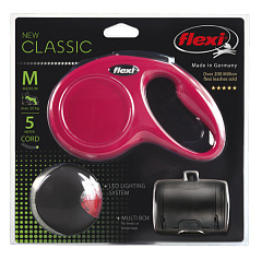 Рулетка для собак средних пород весом до 20 кг, фонарик и бокс для пакетов в наборе Flexi New Classic M Cord трос 5 m