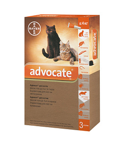Краплі для котів та тхорів вагою до 4 кг від бліх, гельмінтів, шкірних та вушних кліщів Адвокат Bayer Advocate Cats & Ferrets