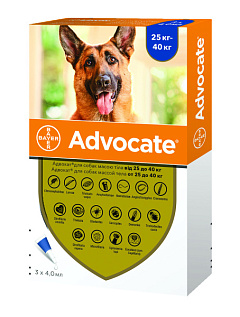 Антипаразитарні краплі для собак вагою 25-40 кг від бліх, гельмінтів та шкірних кліщів Адвокат Bayer Advocate Dogs