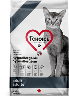 Безглютеновый сухой корм с уткой и бататом для котов склонных к аллергии 1st Choice Hypoallergenic Adult 1+
