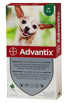 Антипаразитарні краплі для собак вагою до 4 кг від бліх, кліщів, волосоїдів та вошей Адвантікс Bayer Advantix Dogs