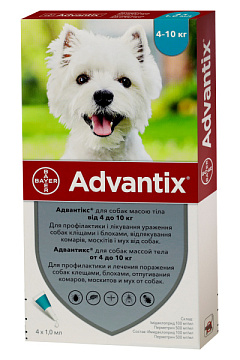Антипаразитарні краплі для собак вагою 4-10 кг від бліх, кліщів, волосоїдів та вошей Адвантікс Bayer Advantix Dogs