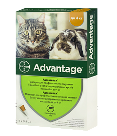 Антипаразитарные капли для котов и кроликов весом до 4 кг от блох, вшей и власоедов Адвантейдж Elanco Advantage Cats & Rabbits