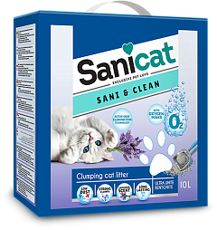 Наповнювач туалетів для кішок, що комкується на основі білого бентоніту з ароматом тальку Sanicat Sani & Clean Lavender