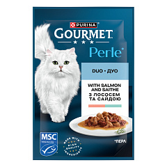 Вологий корм для кішок з Лососем та Сайдою в соусі Purina Gourmet Perle Duo Salmon & Saithe in Sauce Вологий корм для кішок з Лососем та Сайдою в соусі Purina Gourmet Perle Duo Salmon & Saithe in Sauce