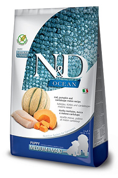 Беззерновий сухий корм для цуценят з Тріскою та Динею Farmina N&D Ocean Medium & Maxi Puppy Cod & Melon